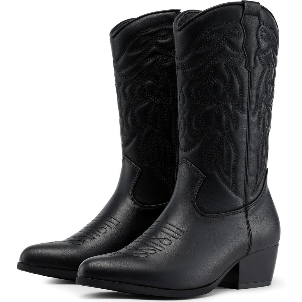 Dodow Women's Black Pointed Toe Zipper Western Cowgirl Pu Mid Calf Boots